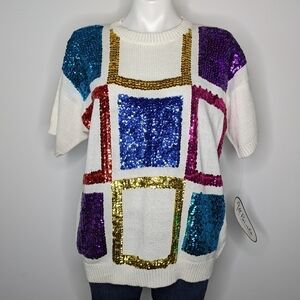 NWT All Points Dead stock white colorful sequin short sleeve sweater L